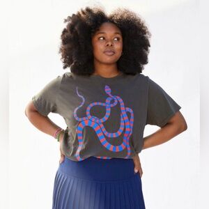 Clare V, Original Tee - Faded Black with Cobalt & Bright Poppy Snake, XS